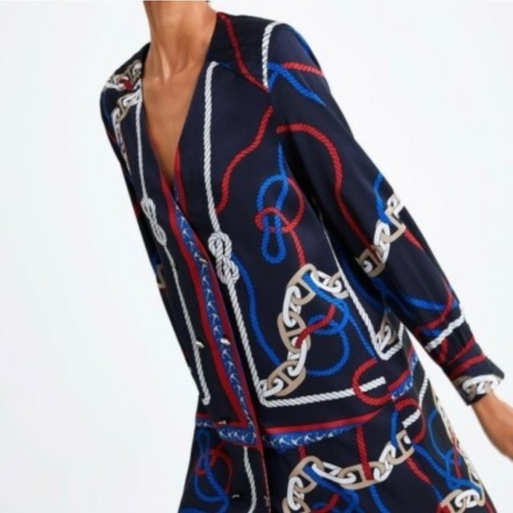 ZARA Nautical Chain Knot Print Dress Navy Double Breasted Mini XS NWT - Picture 2 of 11